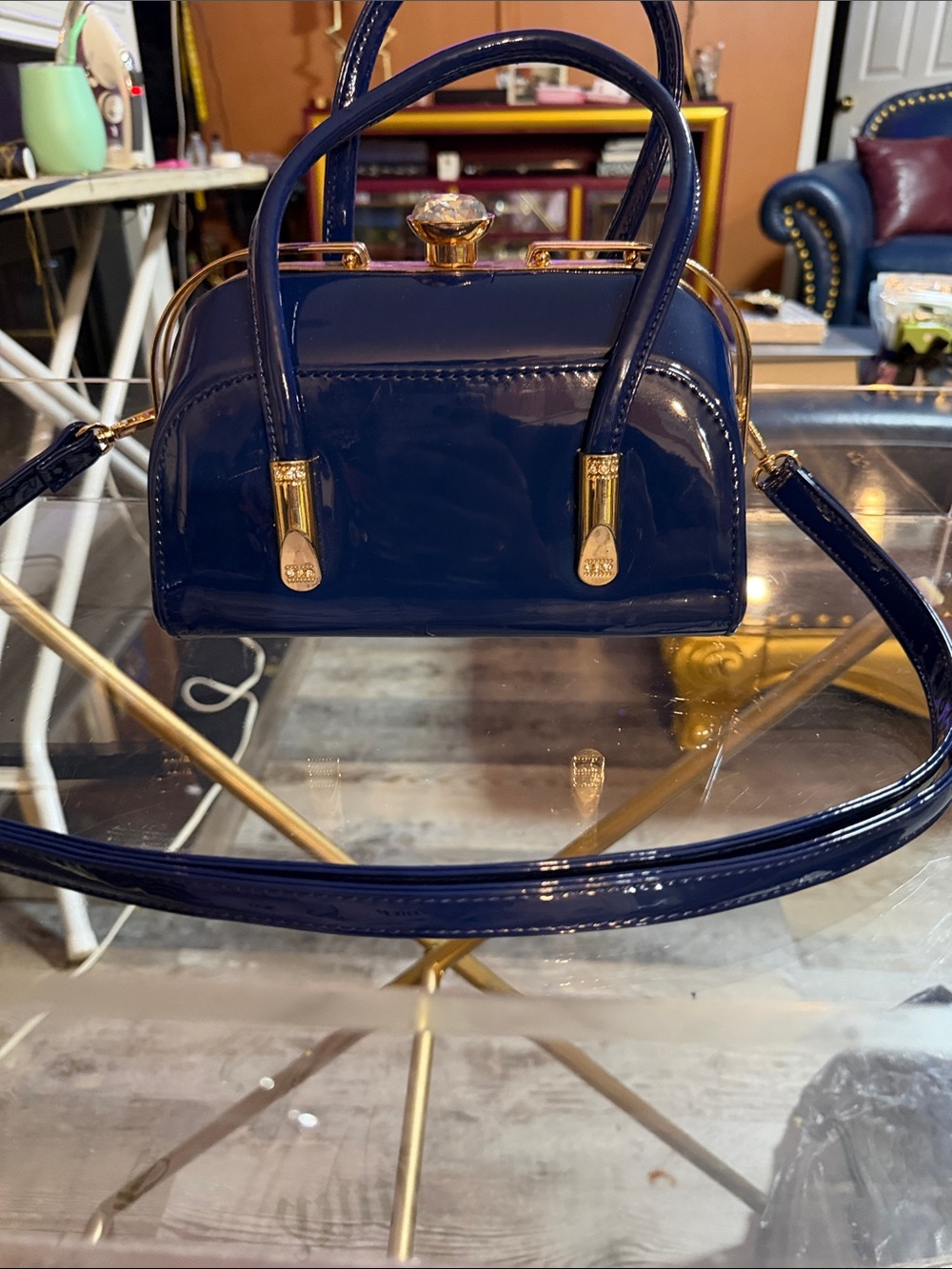 Patent Mini Top-Handle Crossbody Bag in Navy